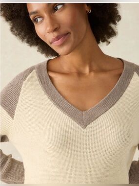 Faherty Varsity Collegiate V-Neck Waffle Knit Organic Cotton Sweater  Size S